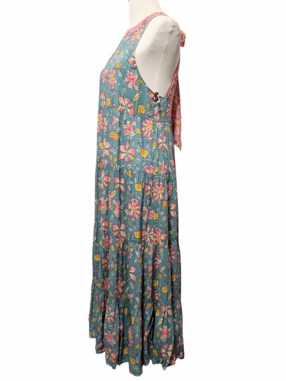 Natural Life Women NWT Sz L Halle Teal Pink Floral Halter Tier Ruffle Maxi Dress - Picture 3 of 11